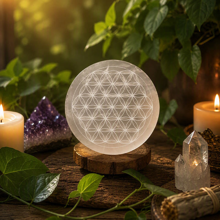 Piastra di ricarica in selenite incisa con il Fiore della Vita Olivenorma - image 5