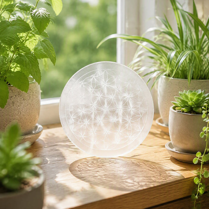 Piastra di ricarica in selenite incisa con il Fiore della Vita Olivenorma - image 3