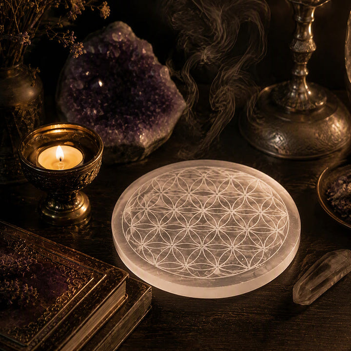 Piastra di ricarica in selenite incisa con il Fiore della Vita Olivenorma - image 6