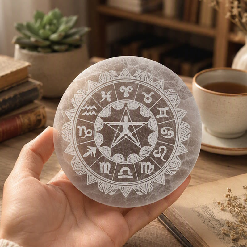 Olivenorma Ruota Zodiacale Uomo Vitruviano Pentagramma Piastra di ricarica in selenite incisa - image 4