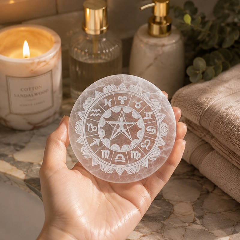 Olivenorma Ruota Zodiacale Uomo Vitruviano Pentagramma Piastra di ricarica in selenite incisa - image 3