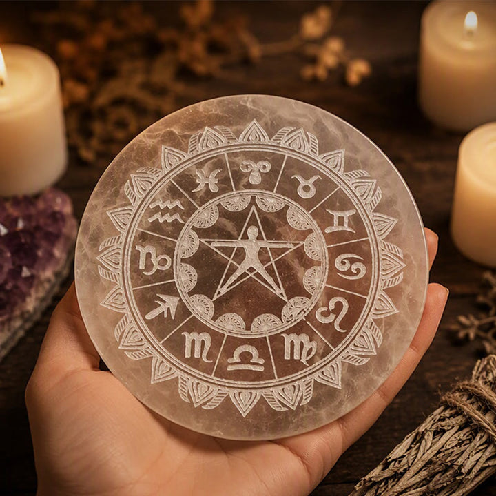 Olivenorma Ruota Zodiacale Uomo Vitruviano Pentagramma Piastra di ricarica in selenite incisa - image 5