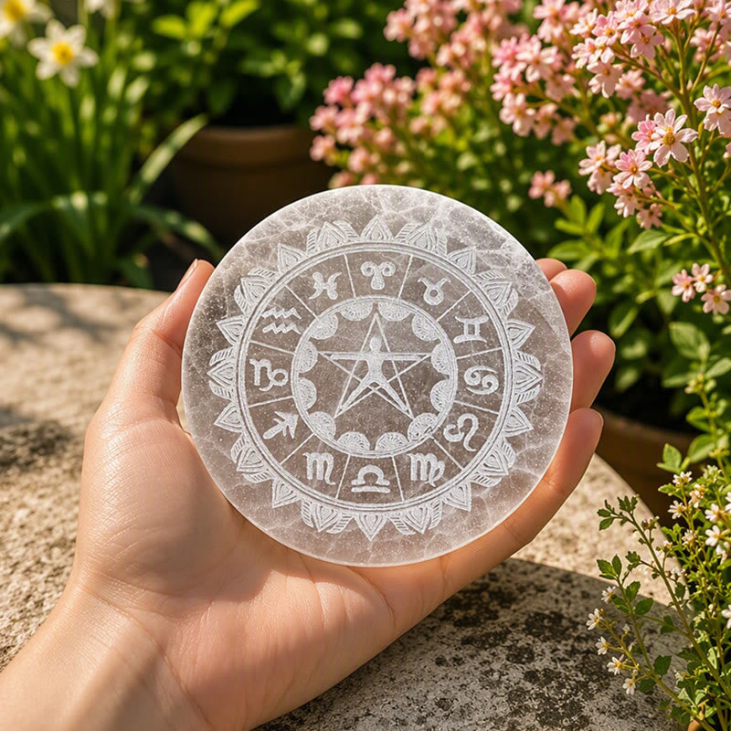 Olivenorma Ruota Zodiacale Uomo Vitruviano Pentagramma Piastra di ricarica in selenite incisa - Ruota Zodiacale Uomo Vitruviano Pentagramma - image 0