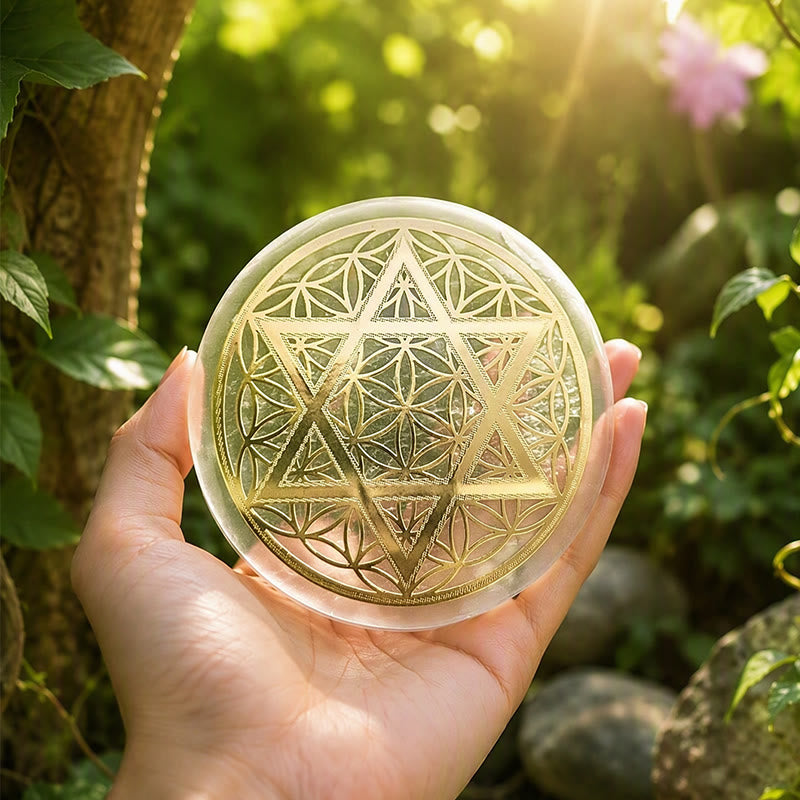 Piastra di ricarica in selenite incisa con Fiore della Vita e Stella di David Olivenorma. - image 1
