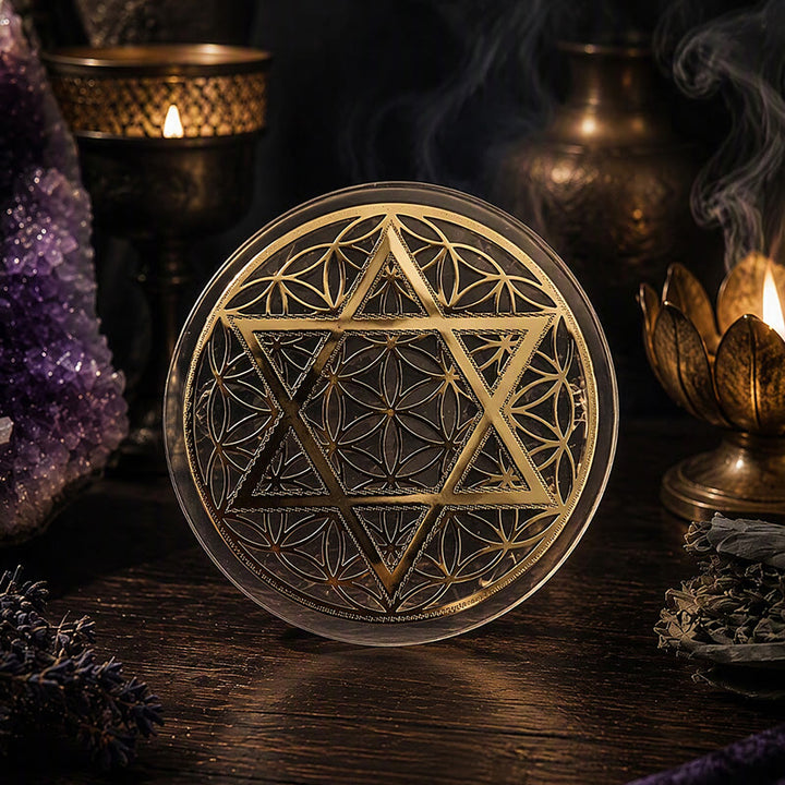 Piastra di ricarica in selenite incisa con Fiore della Vita e Stella di David Olivenorma. - image 3