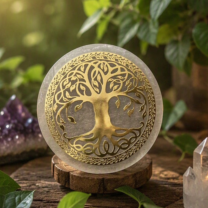 Piastra di ricarica in selenite con simbolo dell'Albero della Vita Dorato Olivenorma - image 1