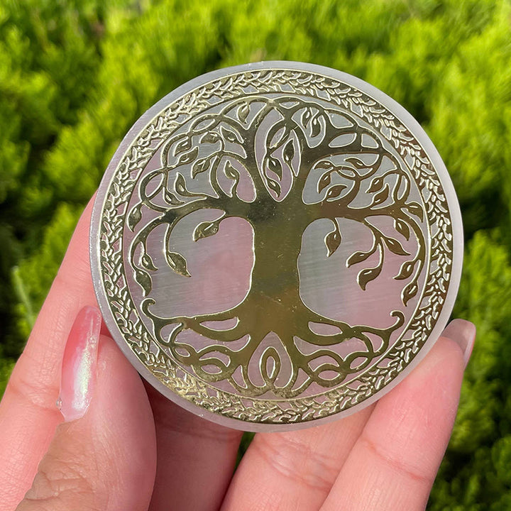 Piastra di ricarica in selenite con simbolo dell'Albero della Vita Dorato Olivenorma - image 3
