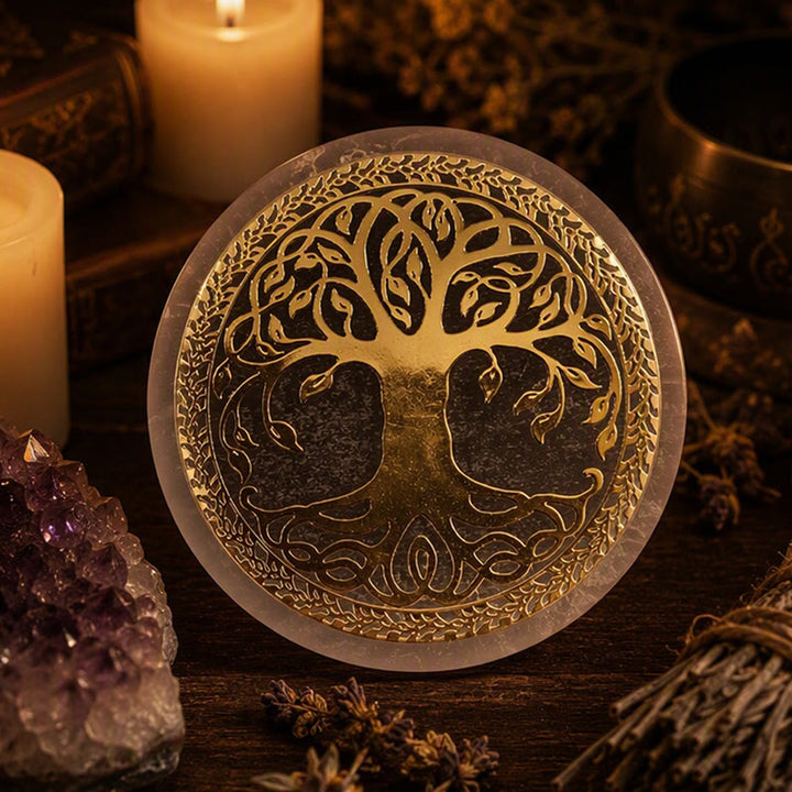 Piastra di ricarica in selenite con simbolo dell'Albero della Vita Dorato Olivenorma - image 4