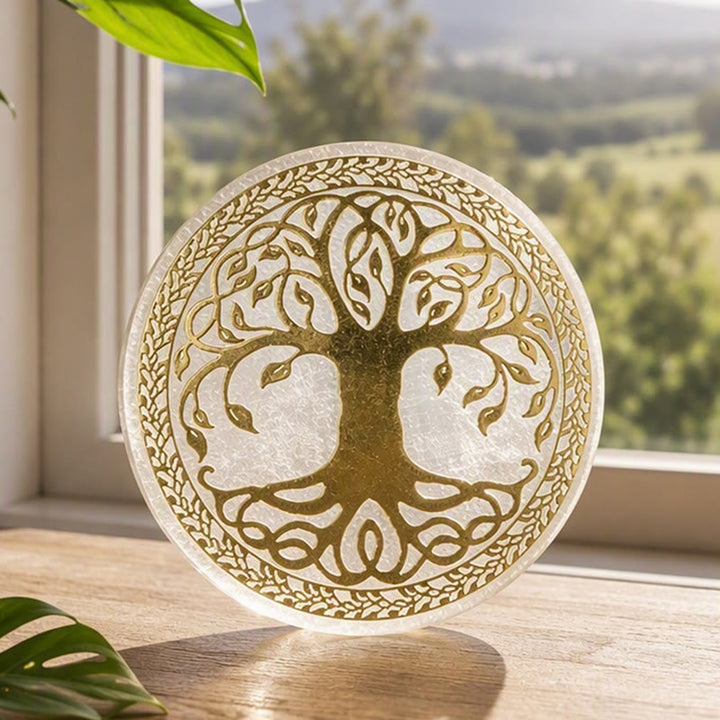 Piastra di ricarica in selenite con simbolo dell'Albero della Vita Dorato Olivenorma - Albero della vita - image 0