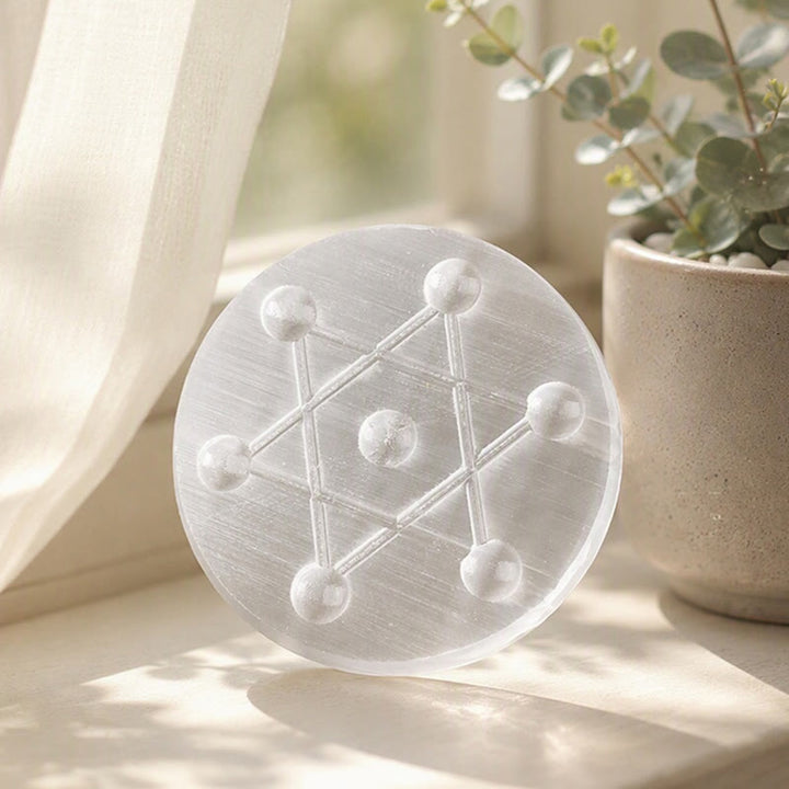 Piastra di ricarica in selenite incisa con griglia a sette stelle Olivenorma - 20*20 cm / 7,87*7,87 pollici - image 1