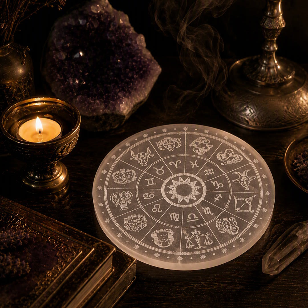 Piastra di ricarica in selenite incisa con ruota zodiacale Olivenorma - image 4