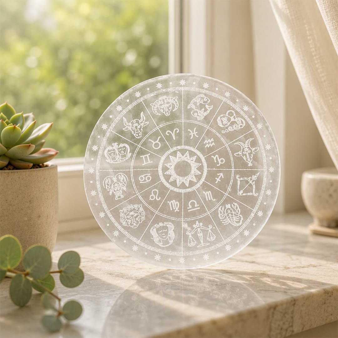 Piastra di ricarica in selenite incisa con ruota zodiacale Olivenorma - image 2