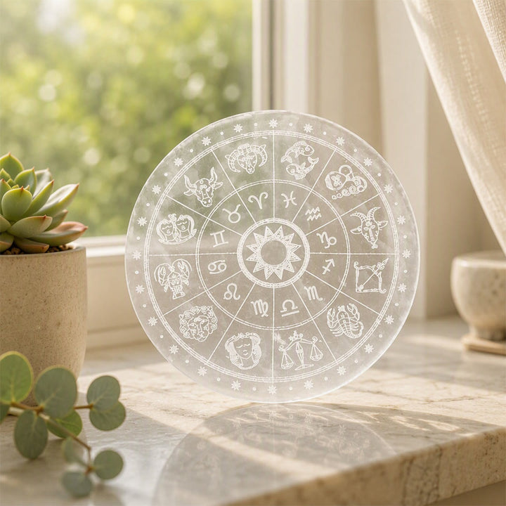 Piastra di ricarica in selenite incisa con ruota zodiacale Olivenorma - image 2