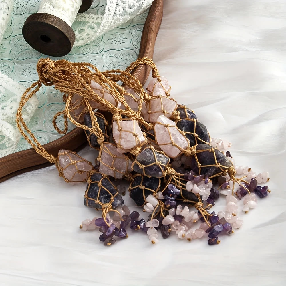 Ciondolo Olivenorma a forma di sacchetto in rete intrecciata a mano, in cristallo naturale grezzo con energia curativa, accessorio per auto, borsa, ornamento - image 7