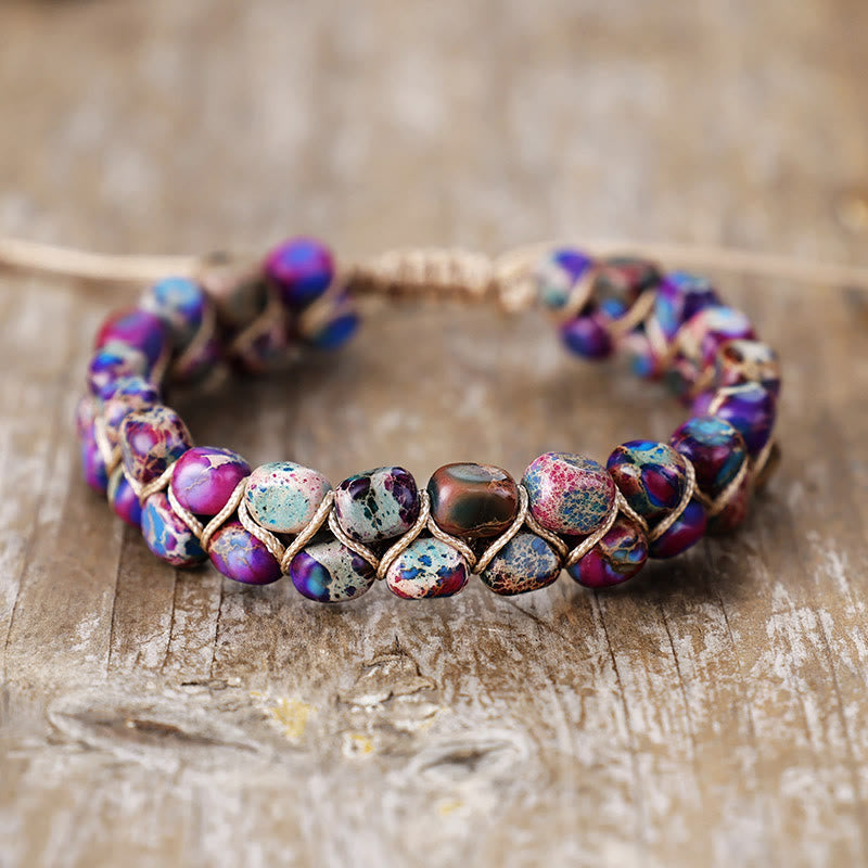 Bracciale Olivenorma con pietra imperatore, perline boeme e simbolo di benedizione intrecciate. - Viola Multi Specchiato - image 5
