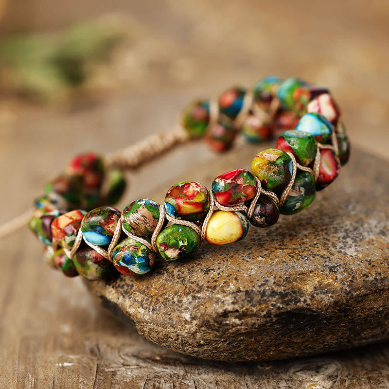 Bracciale Olivenorma con pietra imperatore, perline boeme e simbolo di benedizione intrecciate. - Arcobaleno multicolore - image 6