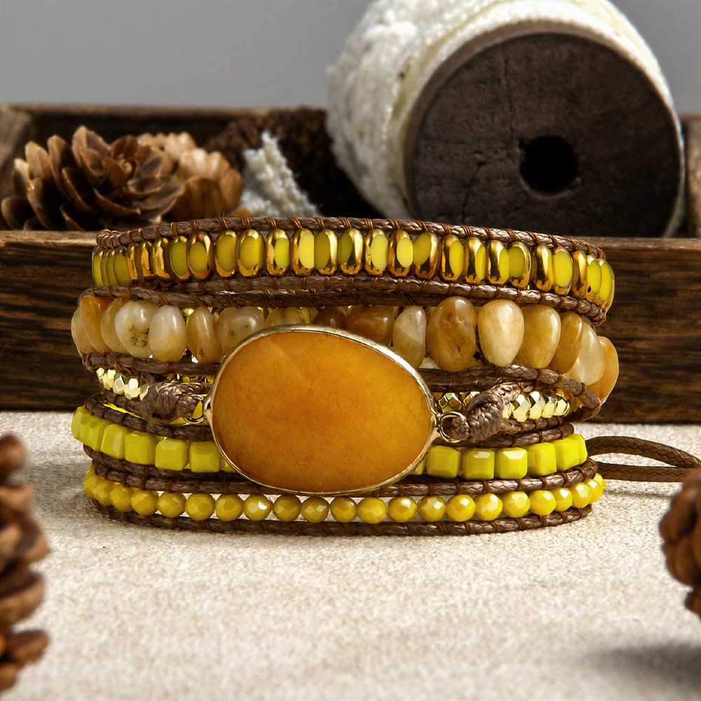 Bracciale Olivenorma in ematite a più file, intrecciato a mano, stile boho casual con simbolo di equilibrio. - Giallo - image 5