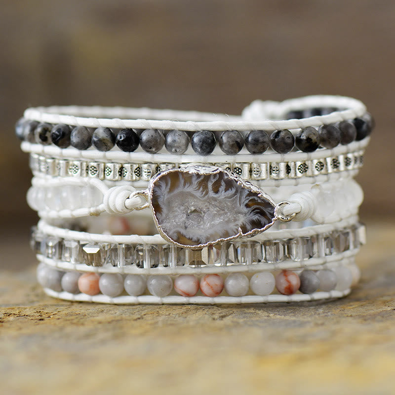 Bracciale Olivenorma in agata bianca e nera con 5 anelli e cordino in pelle stile Ins, simbolo di dualità. - Agata nera e bianca - image 0