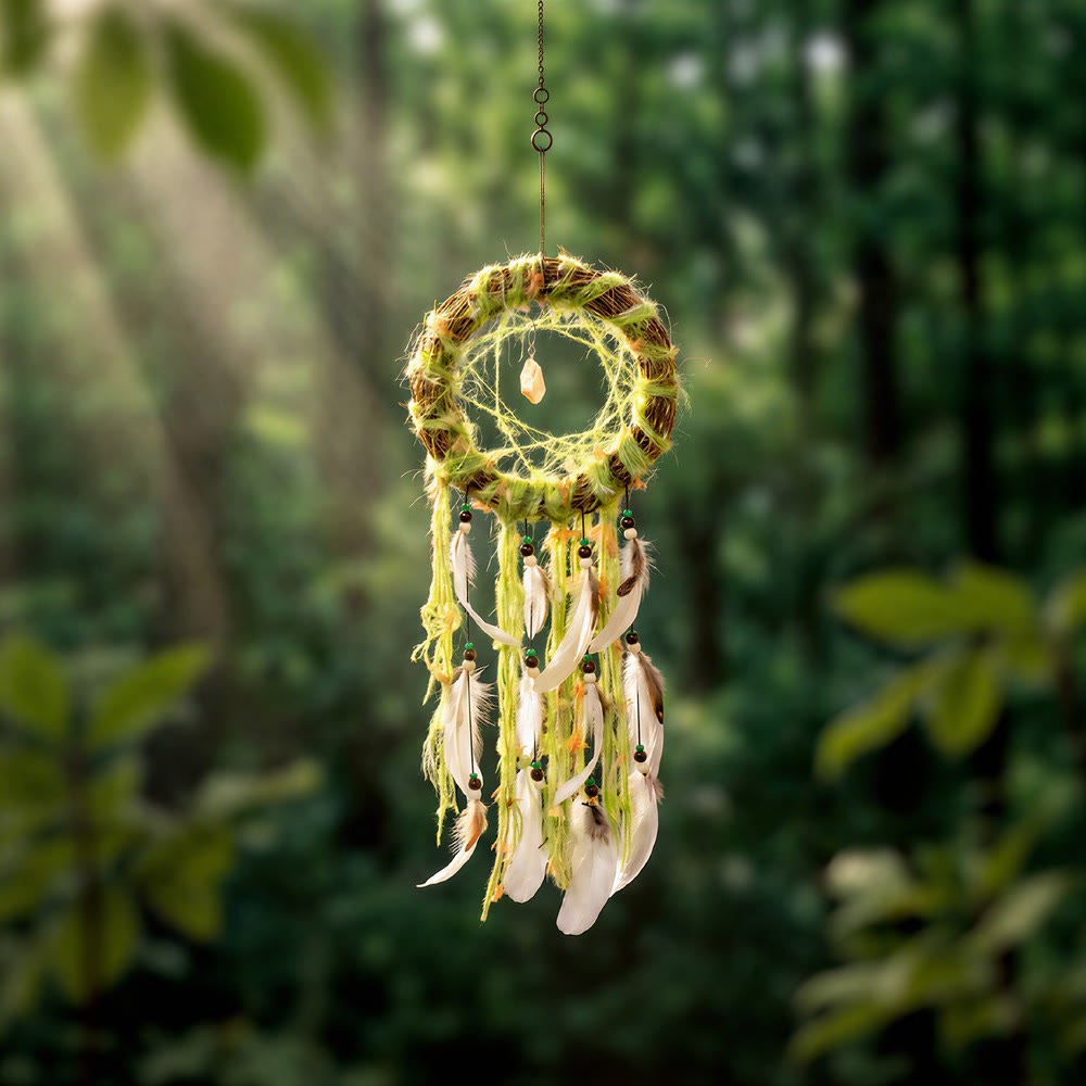 Acchiappasogni con cordino decorato con perline e ramoscelli di legno Olivenorma, simbolo boho della natura. - Verde - image 0