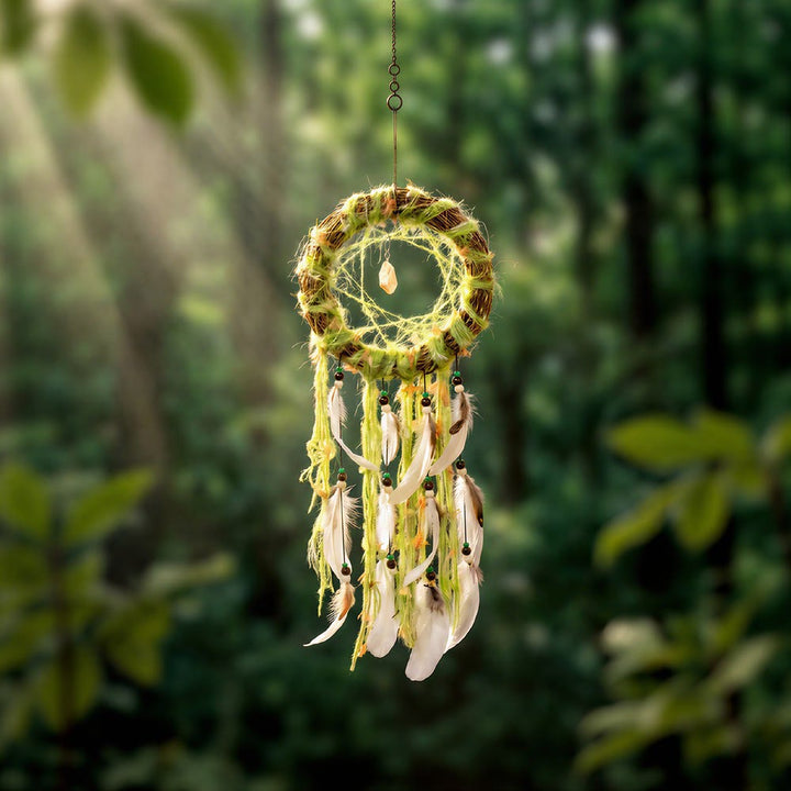 Acchiappasogni con cordino decorato con perline e ramoscelli di legno Olivenorma, simbolo boho della natura. - Verde - image 0