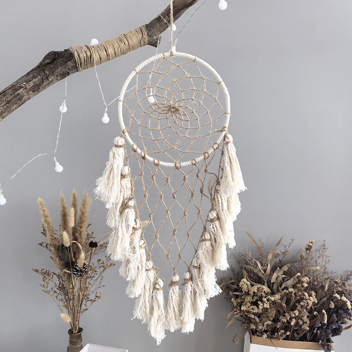 Acchiappasogni Olivenorma in corda di iuta beige con nappe e simbolo della pace, intrecciato a mano. - Corda di iuta con nappe beige - image 0