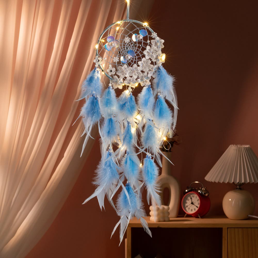 Olivenorma Anello di ferro Piuma Perla di plastica Buoni sogni Acchiappasogni - Blu - Senza luce - image 0