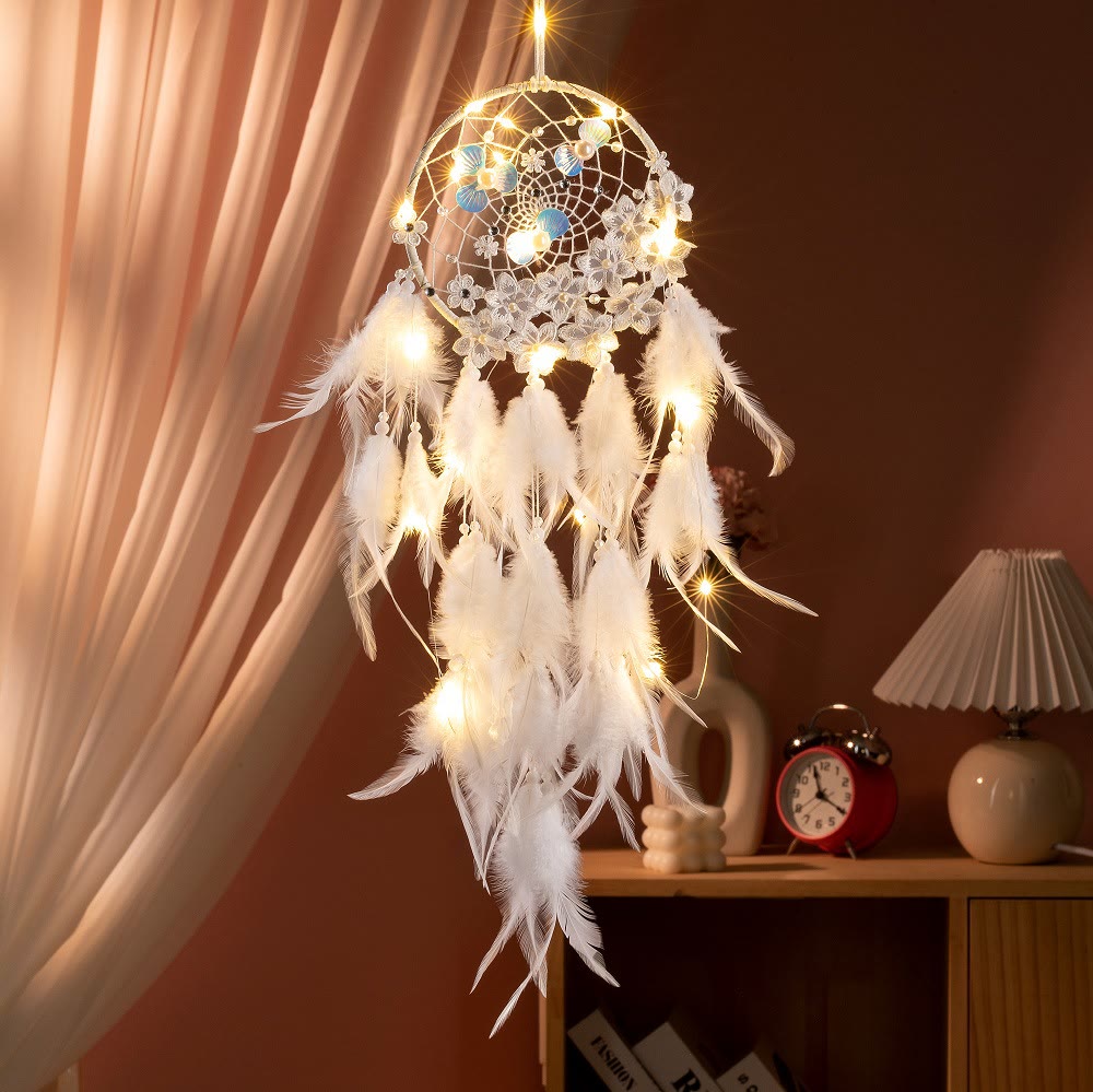 Olivenorma Anello di ferro Piuma Perla di plastica Buoni sogni Acchiappasogni - Bianco - Senza luce - image 2
