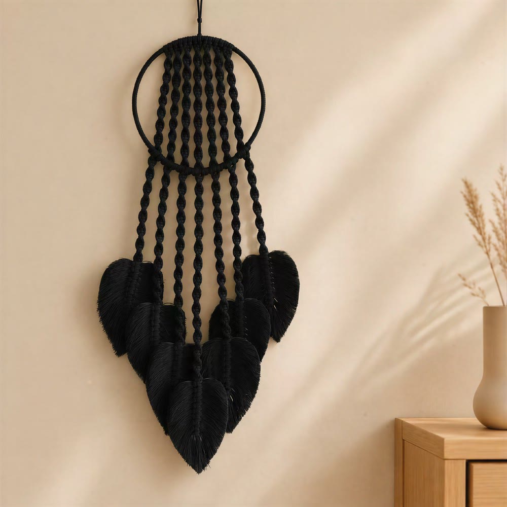 Acchiappasogni Olivenorma con cerchio in metallo, cordino di cotone e macramè a forma di foglia - Nero - image 4