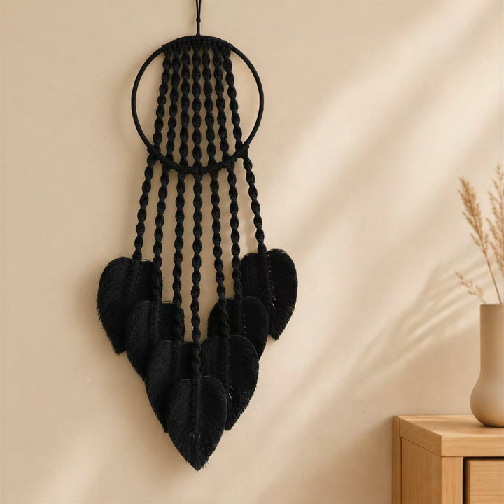 Acchiappasogni Olivenorma con cerchio in metallo, cordino di cotone e macramè a forma di foglia - Nero - image 4
