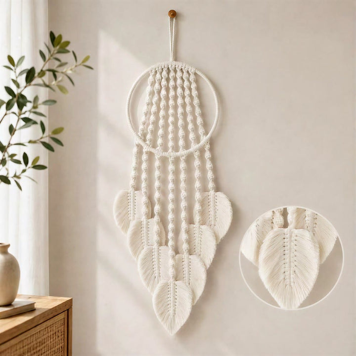 Acchiappasogni Olivenorma con cerchio in metallo, cordino di cotone e macramè a forma di foglia - Beige - image 1