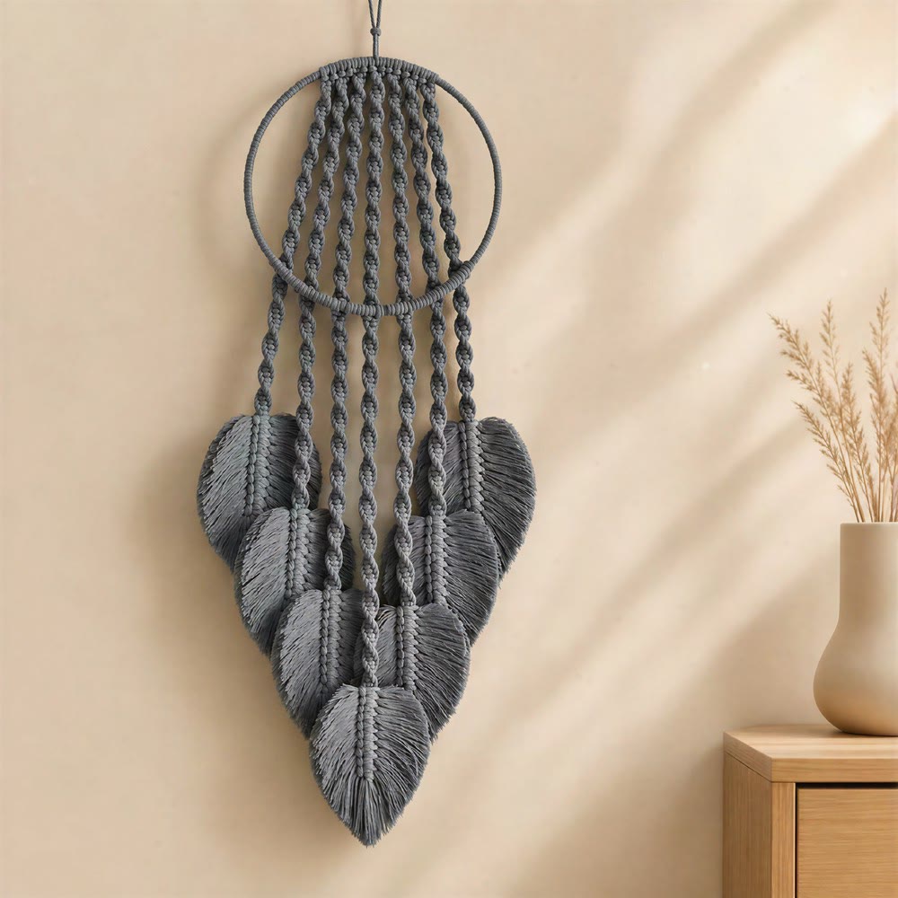 Acchiappasogni Olivenorma con cerchio in metallo, cordino di cotone e macramè a forma di foglia - Grigio - image 0