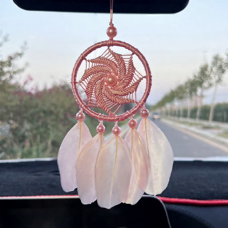 Olivenorma Cerchio in metallo Piuma Acchiappasogni Bohemien Desiderio Benedizione - Mini mulino a vento rosa - image 10