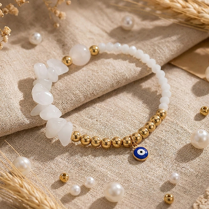Bracciale Olivenorma con ciondolo a forma di occhio di Allah e cristalli. - Giada bianca - image 5
