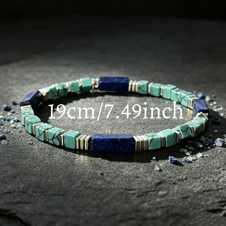 Bracciale Olivenorma con perline tubolari quadrate in turchese e lapislazzuli naturali e dalla texture particolare, per attirare ricchezza, abbondanza e prosperità. - image 8