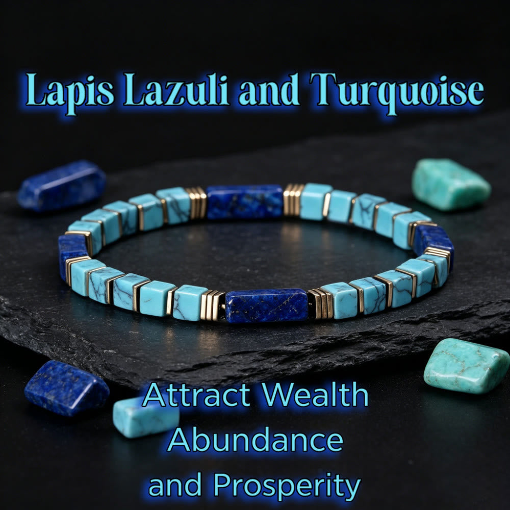Bracciale Olivenorma con perline tubolari quadrate in turchese e lapislazzuli naturali e dalla texture particolare, per attirare ricchezza, abbondanza e prosperità. - Turchese e lapislazzuli - image 0