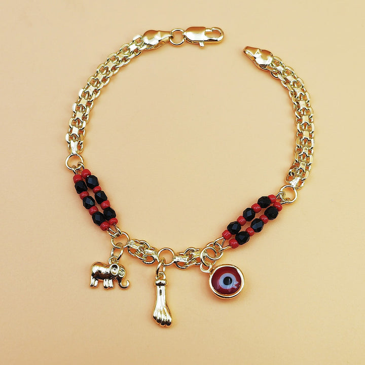 Bracciale Olivenorma in rame con perline miste e ciondoli multipli, simbolo di benedizione. - Ciondolo a forma di mano con elefante e ficus dorata e occhio di Allah. - image 0