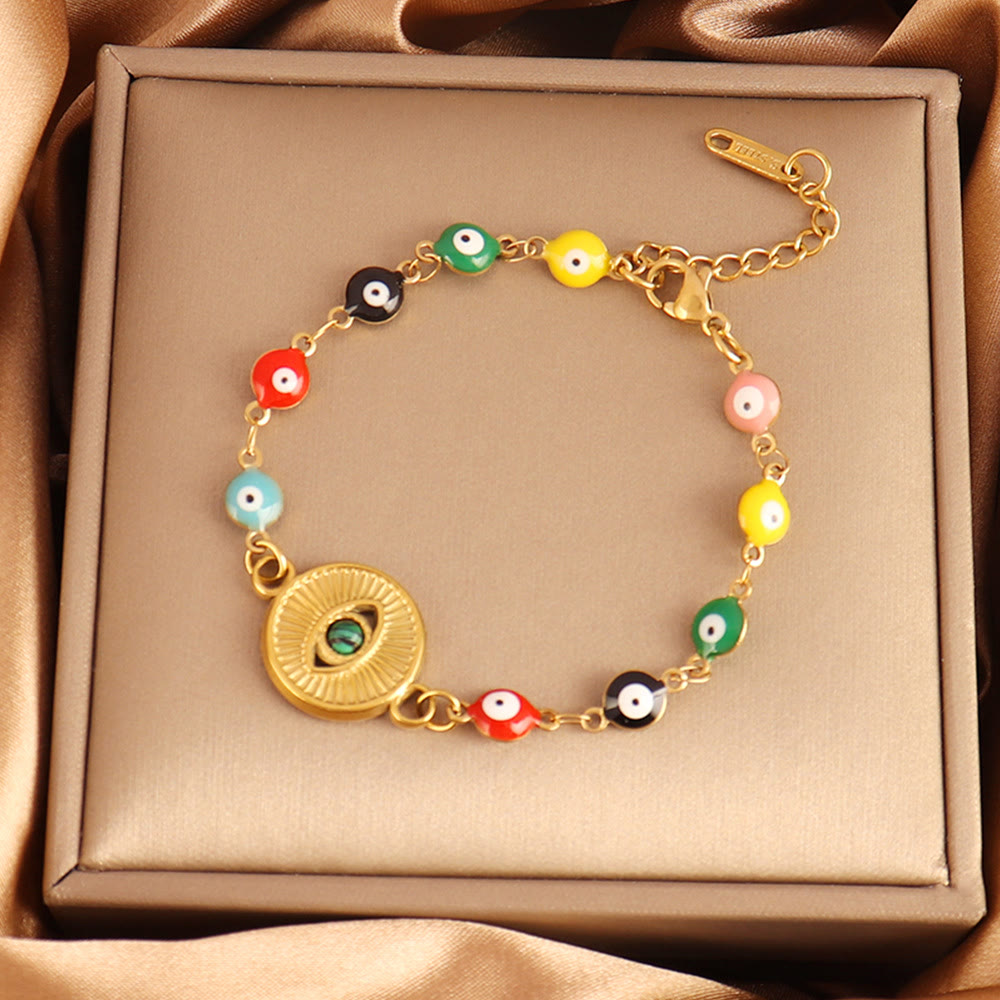 Bracciale Olivenorma in acciaio inossidabile con perline multiple e design a occhio di Allah, simbolo di fortuna. - Ciondolo a moneta rotonda con occhio di Allah - image 10