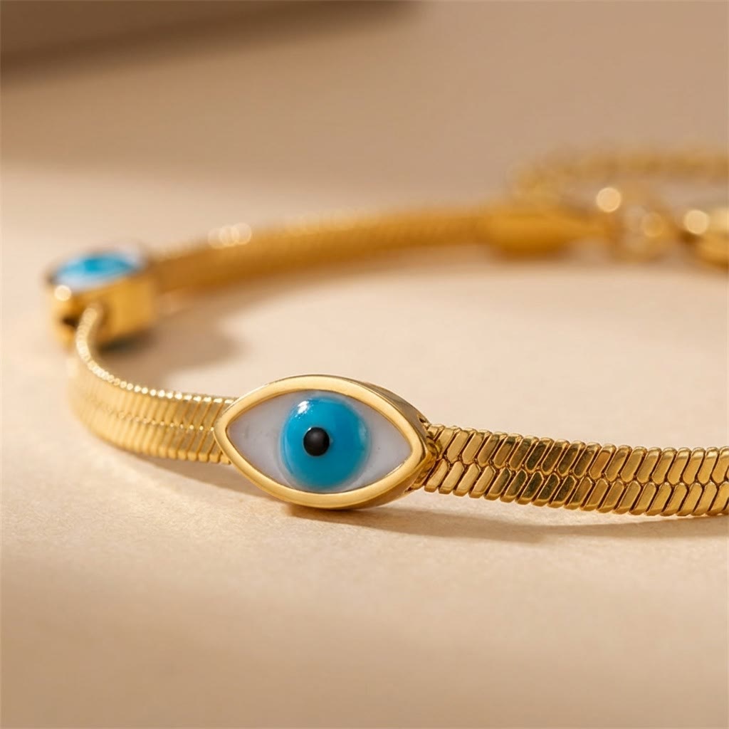 Bracciale Olivenorma in acciaio inossidabile con triplo occhio di Allah e catena a serpente, simbolo di protezione. - image 3