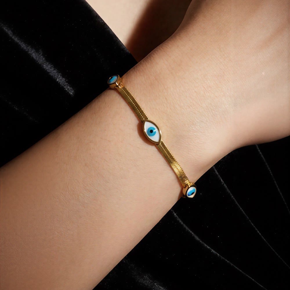 Bracciale Olivenorma in acciaio inossidabile con triplo occhio di Allah e catena a serpente, simbolo di protezione. - image 5