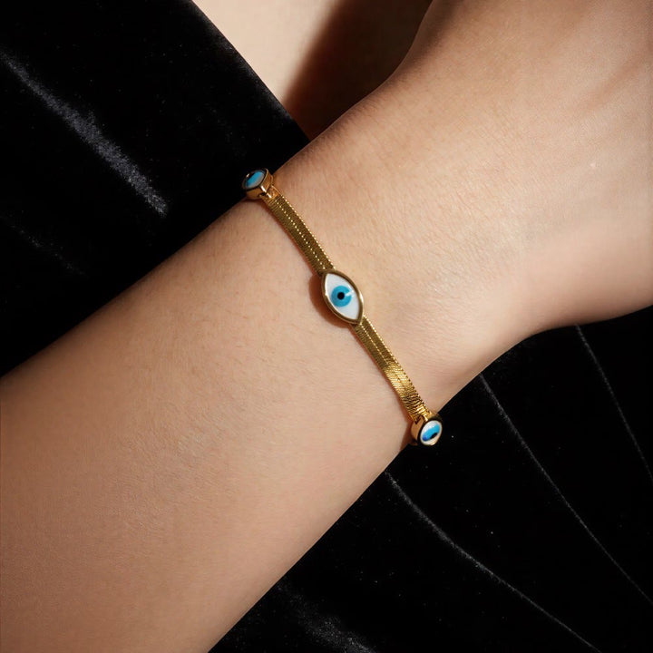 Bracciale Olivenorma in acciaio inossidabile con triplo occhio di Allah e catena a serpente, simbolo di protezione. - image 5