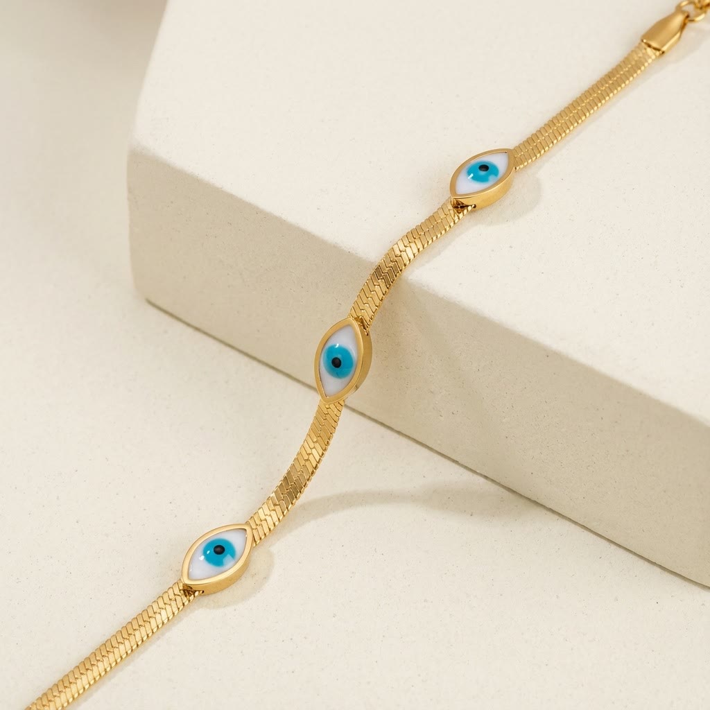 Bracciale Olivenorma in acciaio inossidabile con triplo occhio di Allah e catena a serpente, simbolo di protezione. - image 4