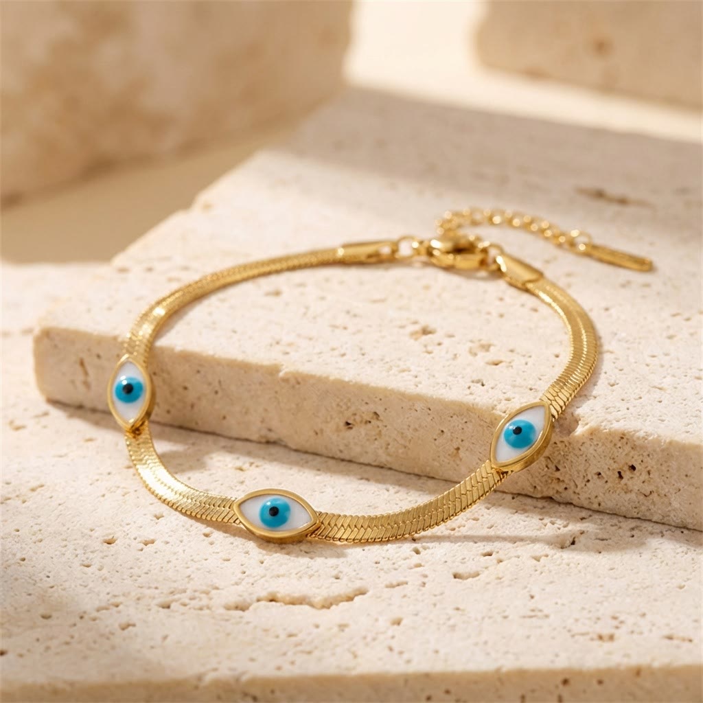 Bracciale Olivenorma in acciaio inossidabile con triplo occhio di Allah e catena a serpente, simbolo di protezione. - Collana a serpente con triplo smalto e occhio di Allah - image 0