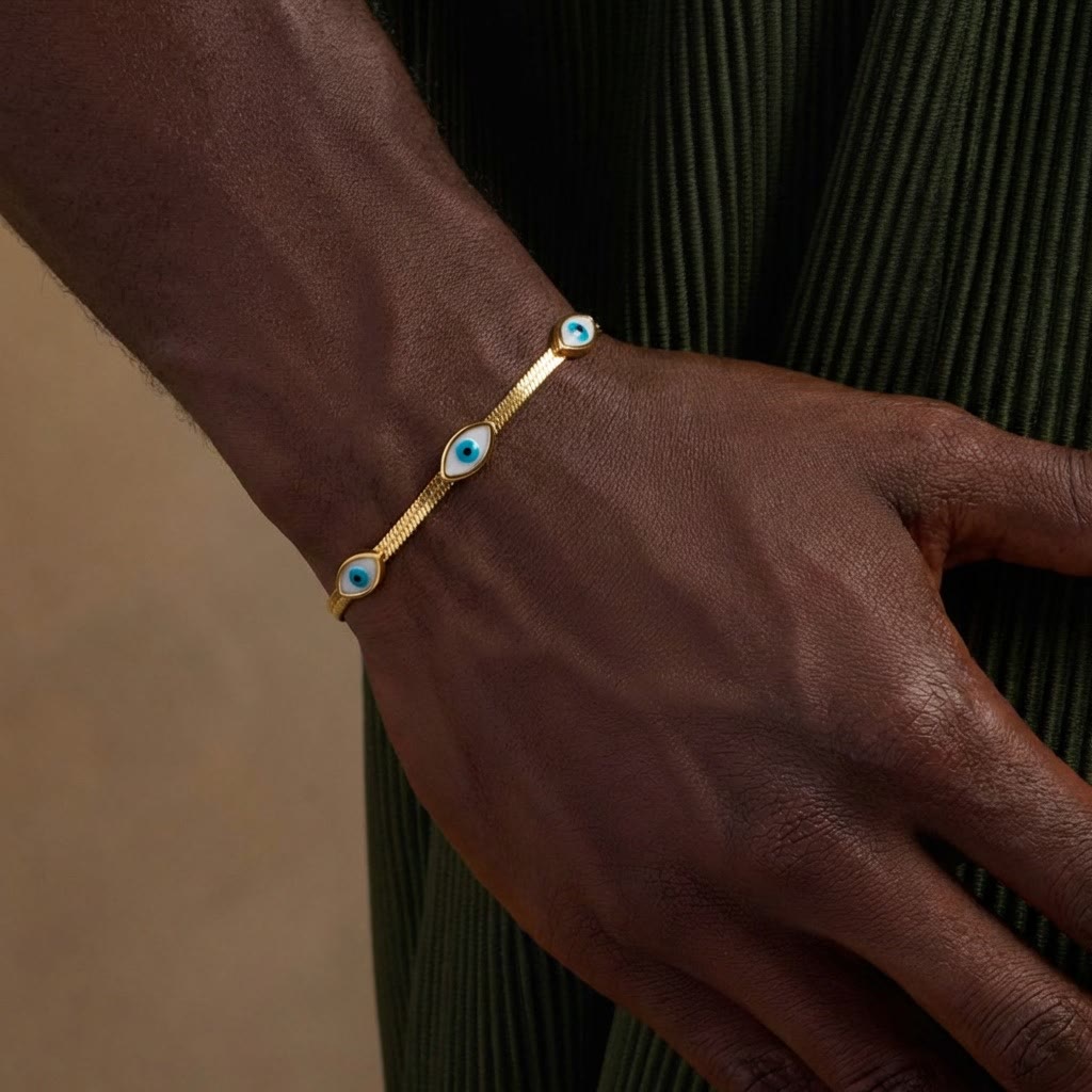 Bracciale Olivenorma in acciaio inossidabile con triplo occhio di Allah e catena a serpente, simbolo di protezione. - image 7