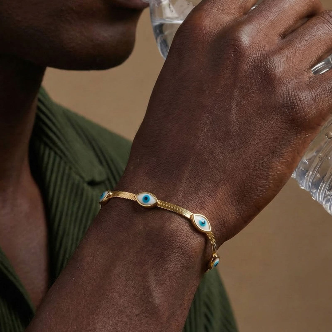 Bracciale Olivenorma in acciaio inossidabile con triplo occhio di Allah e catena a serpente, simbolo di protezione. - image 6