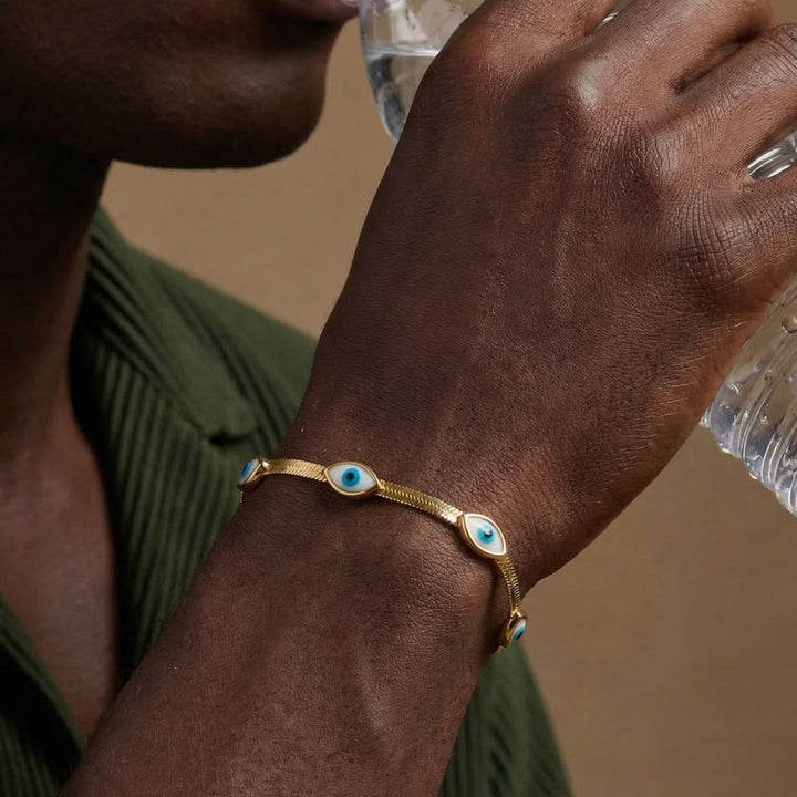 Bracciale Olivenorma in acciaio inossidabile con triplo occhio di Allah e catena a serpente, simbolo di protezione. - image 6