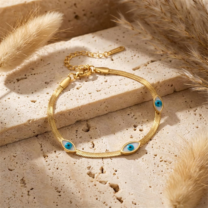 Bracciale Olivenorma in acciaio inossidabile con triplo occhio di Allah e catena a serpente, simbolo di protezione. - image 1