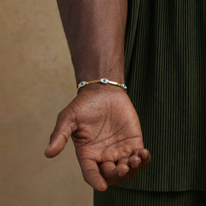 Bracciale Olivenorma in acciaio inossidabile con triplo occhio di Allah e catena a serpente, simbolo di protezione. - image 8