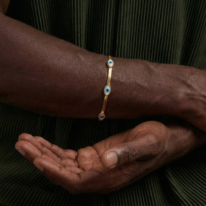 Bracciale Olivenorma in acciaio inossidabile con triplo occhio di Allah e catena a serpente, simbolo di protezione. - image 9