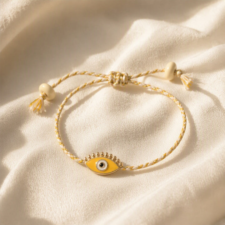 Bracciale Olivenorma in lega con nappa colorata a forma di occhio di Allah e simbolo di benedizione. - Giallo - image 5