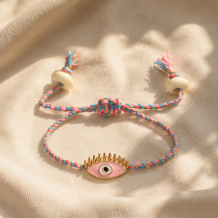 Bracciale Olivenorma in lega con nappa colorata a forma di occhio di Allah e simbolo di benedizione. - Rosa - image 9